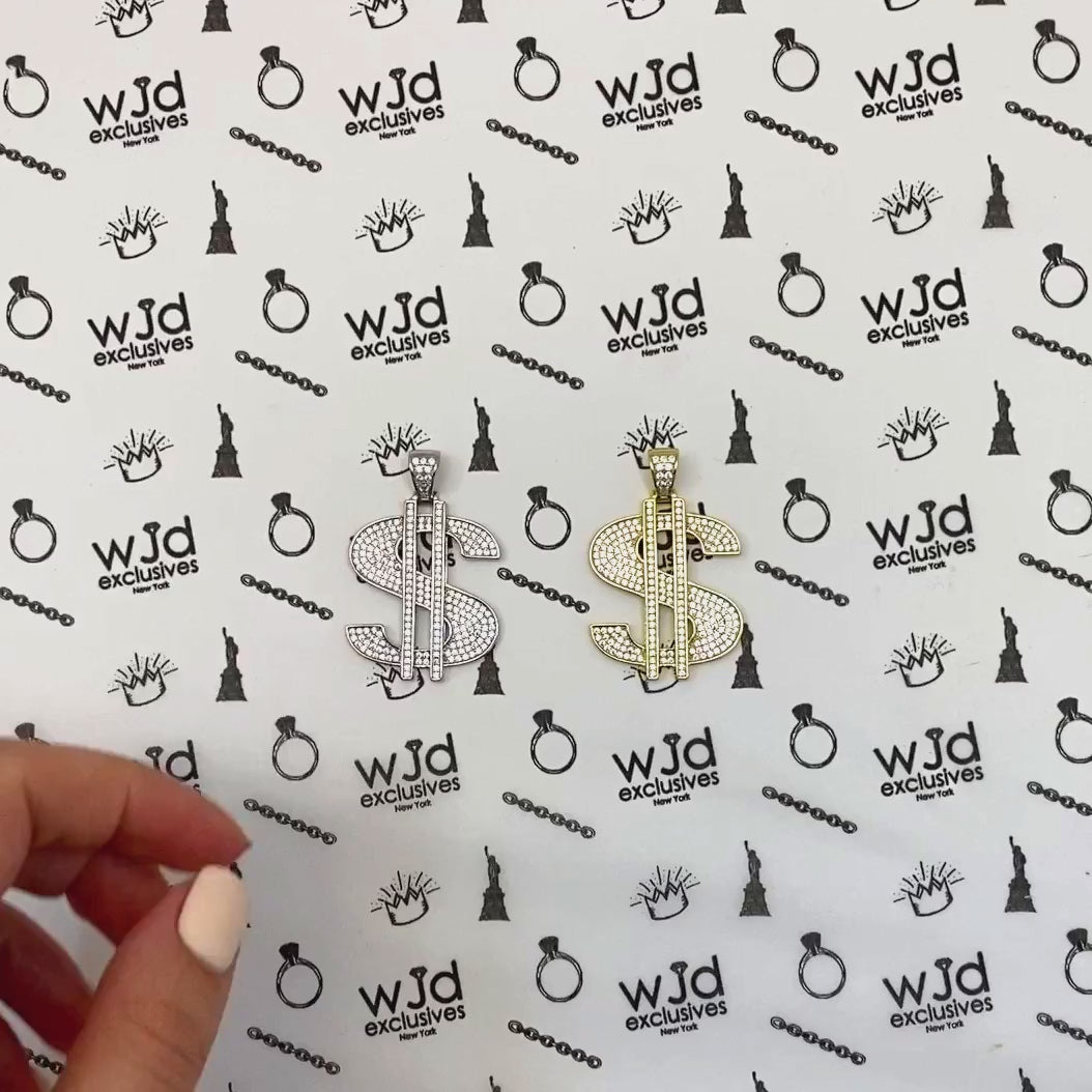 14K Gold Over Silver Ice Out CZ Pave Dollar Sign Pendant 1.6" — product video