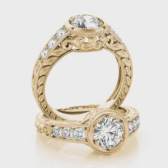 1.40CTW Natural Diamond & Moissanite 18K Gold Yellow Milgrain Engagement Ring — product video
