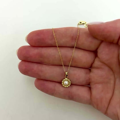 14K Yellow Gold .8mm Cable Chain 16-18" Flower Bezel Pearl Pendant 0.6"
