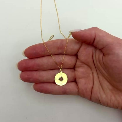 14K Yellow Gold Compass Wind Rose North Star Round Disc Pendant With Chain 18"
