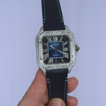 5TCW Diamond Cartier Santos WSSA0062 Large 40mm Pave Roman Blue Dial Watch