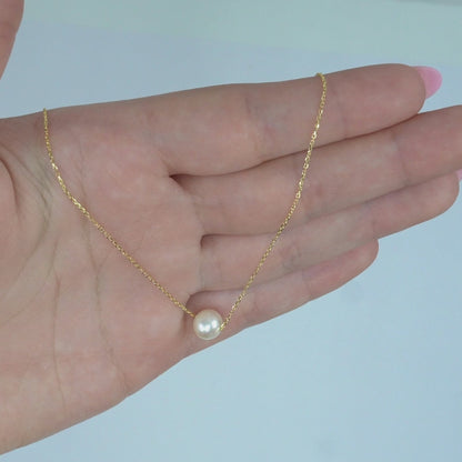 14K Yellow White Rose Gold 7mm Cultured Pearl Solitaire Necklace (Hollow) 16"-18" Adjustable