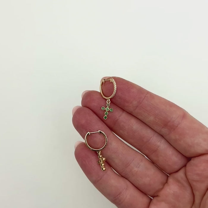 0.10CTW Natural Diamond 14K Gold Green Emerald Cross Earrings 23mm — product video