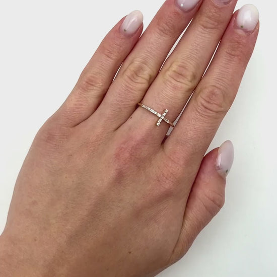 0.12CTW Natural Diamond 10K Yellow Gold Round Baguette Sideways Cross Ring — product video