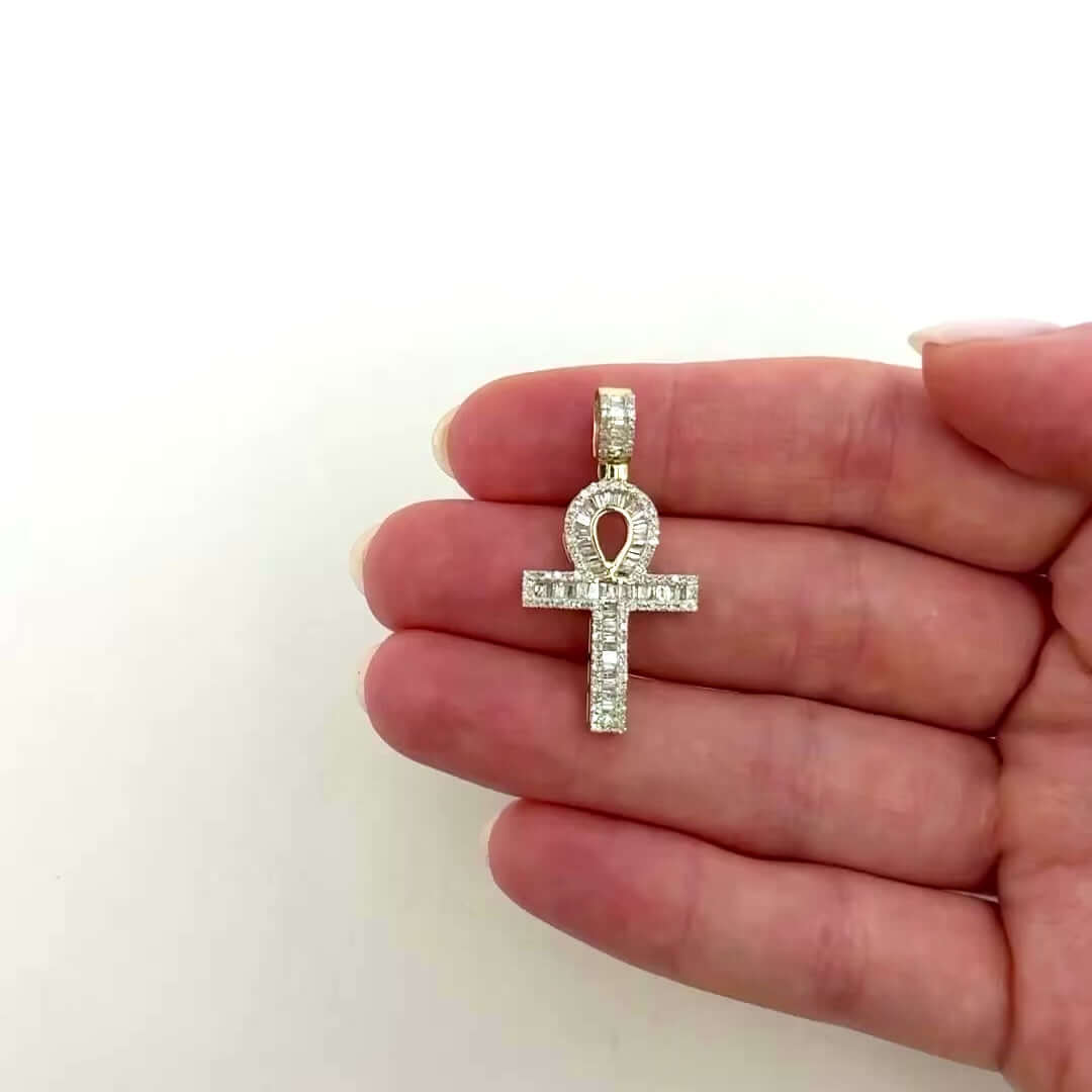 .75CTW Natural Diamond Real 10K Gold Ankh Cross Pendant 1.4"