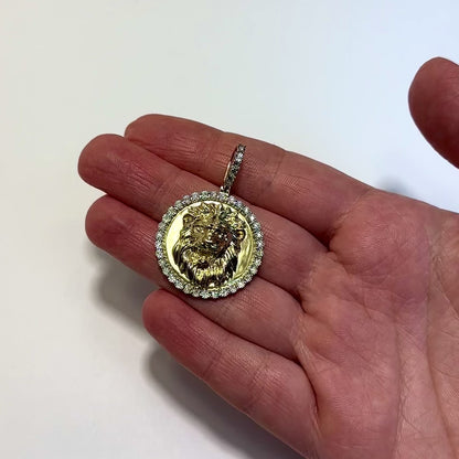 0.15CTW Natural Diamond Gold Over Silver Lion Face Round Pendant 1.7"
