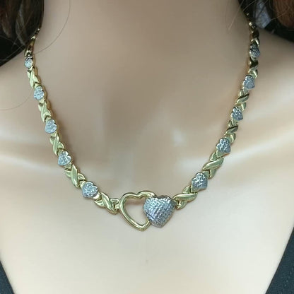 10K Yellow White Gold Diamond-Cut Stampato Double Heart & Kisses XO Necklace (Hollow) 18"
