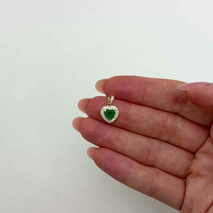 Natural Diamond 10K Yellow Gold Green Emerald Halo Heart Pendant 0.5"