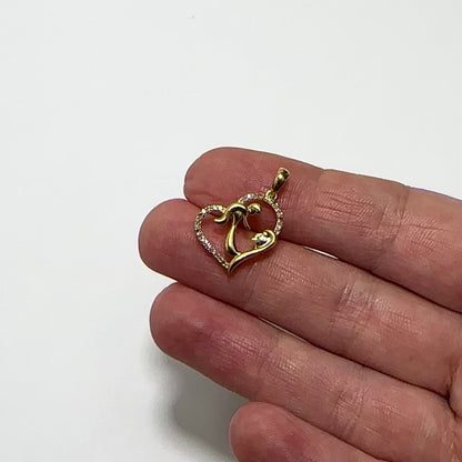 0.14CTW Natural Diamond 10K Gold Mother Child Open Heart Pendant 0.7"