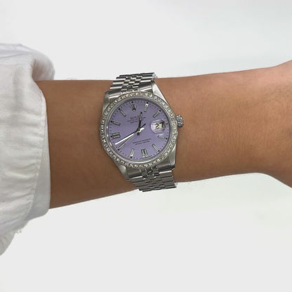 Rolex Datejust 36mm 16014 18K Gold Diamond Bezel Lavender Dial Oyster Watch