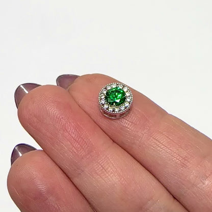 1.80Ct CZ & Emerald Round Halo Pendant 14K White Gold 9mm
