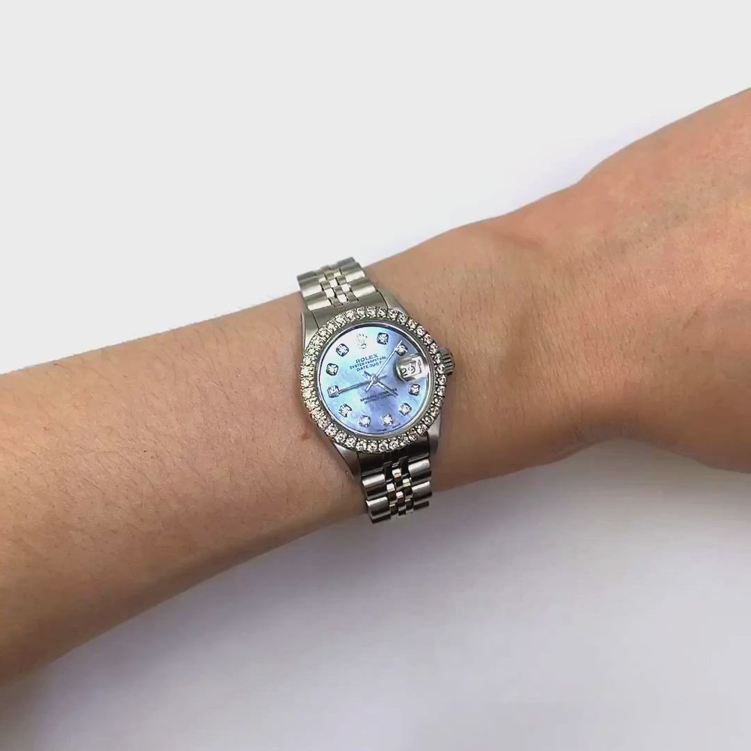 Rolex Datejust Custom Blue 69173 MOP Diamond Dial Bezel Jubilee Band 26mm Watch