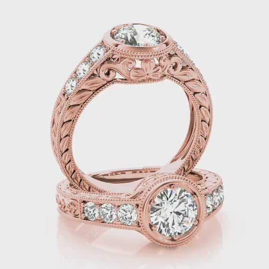 1.40CTW Natural Diamond & Moissanite 18K Rose Gold Milgrain Engagement Ring — product video