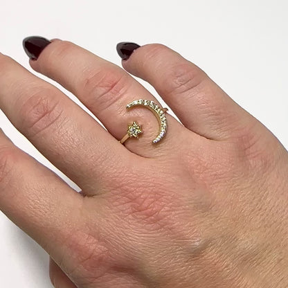 10K Yellow Gold Star and Crescent Moon 0.70 CTW CZ Stackable Ring