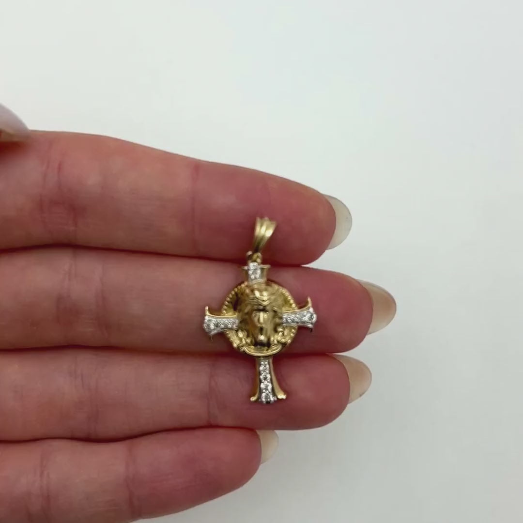 0.16CTW Natural Diamond 10K Yellow Gold Jesus Face Cross Pendant 1.4" — product video