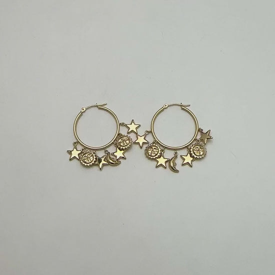 14K Gold Yellow White Dangling Sun & Star Hoop Earrings 32mm — product video