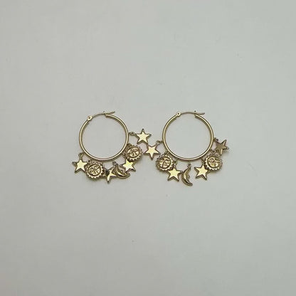 14K Gold Yellow White Dangling Sun & Star Hoop Earrings 32mm — product video