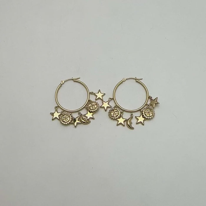 14K Gold Yellow White Dangling Sun & Star Hoop Earrings 32mm — product video