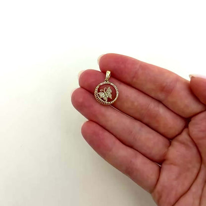 0.16CTW Natural Diamond 10K Yellow Gold Butterfly Circle Pendant 0.88"