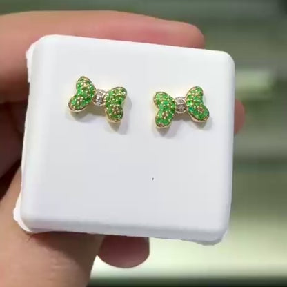 0.35CTW Real Diamond & Natural Ruby Emerald Sapphire 14K Gold Bow Stud Earrings 7mm