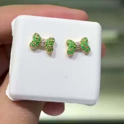 0.35CTW Natural Diamond & Natural Ruby Emerald Sapphire 14K Gold Bow Stud Earrings 7mm