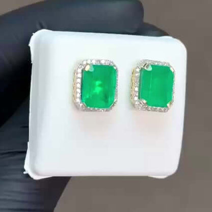 6.75 TCW Natural Diamond & Simulated Green Emerald 10K Gold Stud Earrings 13mm