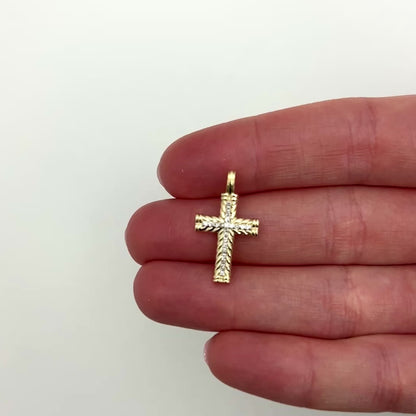 0.10CTW Natural Diamond 10K Gold Yellow White Rose Cross Pendant 1"