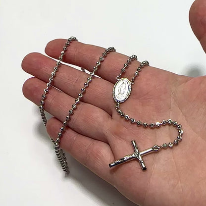 925 Sterling Silver 3mm Mooncut Rosary Cross Chain Necklace 16"