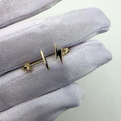 14K Gold Black Yellow Enamel Lightning Bolt Stud Earrings 10mm