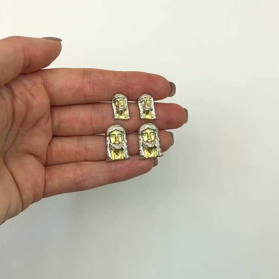 10K Gold Two-Tone Yellow White Diamond-Cut Jesus Head Stud Earrings 14mm-18mm — product video