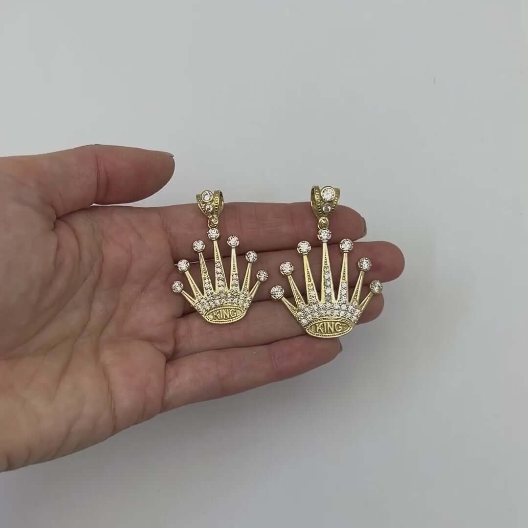 10K Yellow Gold CZ King Crown Pendant 1.6"-1.85"