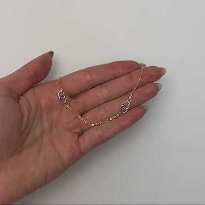 14K Yellow White Gold Interlocking Hearts Anklet (Hollow) 9"-10" Adjustable