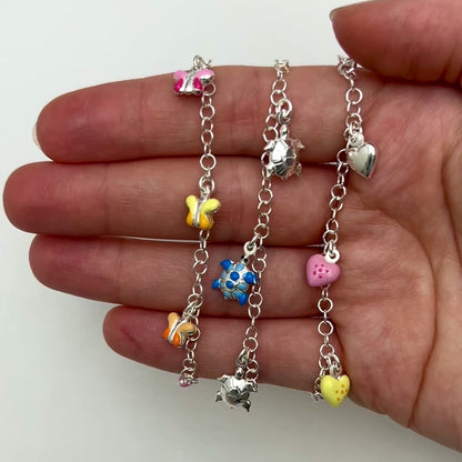 Kids Sterling Silver 3mm Hearts Butterflies Turtles Enamel Charm Bracelet (Solid Links) 6.5"