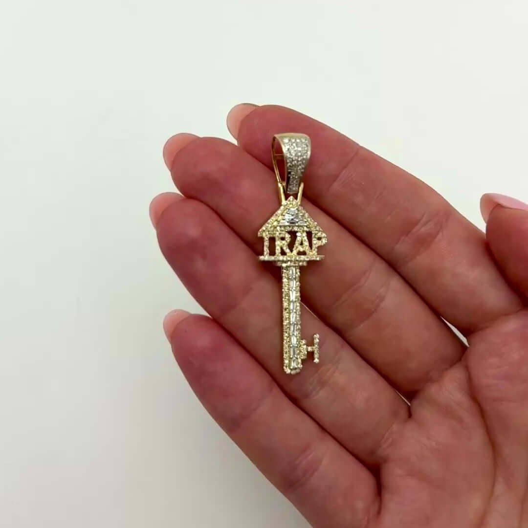 0.75CTW Natural Diamond 10K Yellow Gold Trap Key Pendant 1.9"
