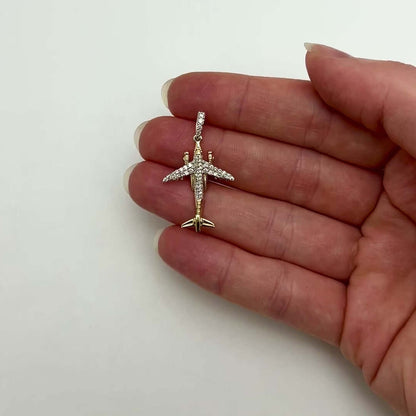 0.33CTW Real Diamond 10K Real Gold Airplane Pendant 1.4"