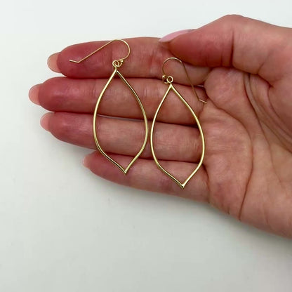 14K Gold Open Pointy Leaf Drop  Ear Wire Hook Earrings 55mm