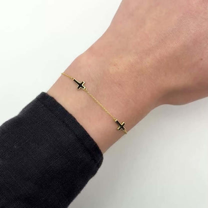 14K Gold Yellow Turquoise Black Enamel Cross Station Bracelet 7"-7.5" Adjustable