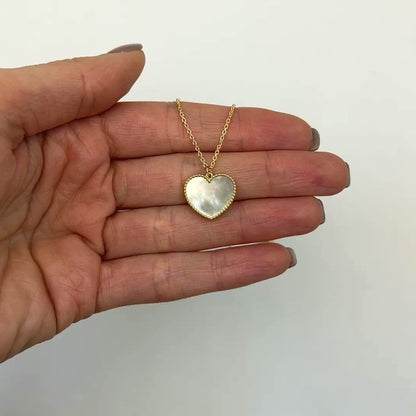 14K Gold Mother Of Pearl Heart Pendant Necklace 17"-18" Adjustable