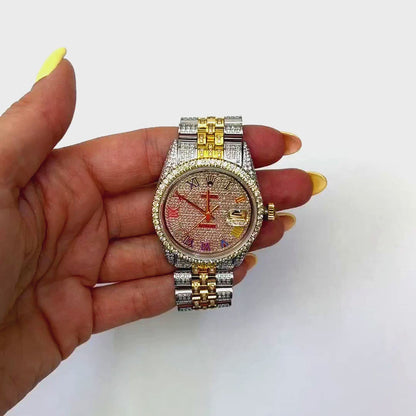 Rolex Datejust Custom Iced Rainbow Roman Diamond Dial Jubilee Band 36mm Watch
