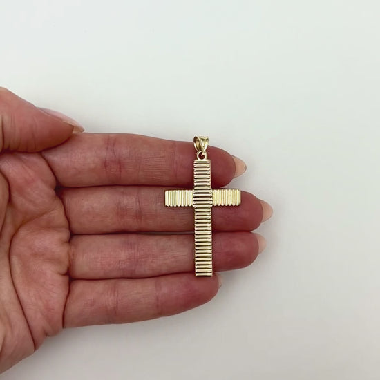 14K Gold Textured Stripes Cross Pendant 1.9" — product video