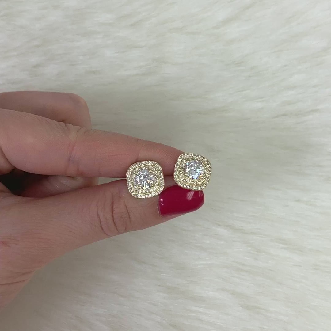 10K Yellow Gold 2.75Ct CZ Squircle Double Halo Stud Earrings — product video