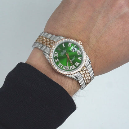 Rolex Datejust 12CTW Diamond Stainless Steel White Rose Green Emerald Watch 36mm
