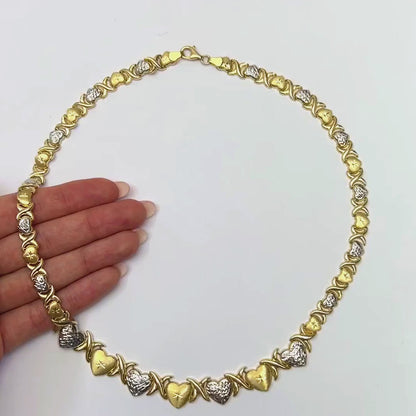 14K Yellow Gold Graduated Heart & Kisses Stampato XO Necklace (Hollow) 18.5"