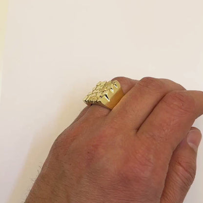 10K Yellow Gold Diamond-Cut Rectangular Men's Nugget Signet Ring