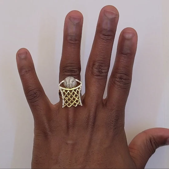 10K Gold Two-Tone Yellow White Diamond-Cut Basketball Hoop Signet Ring — product video