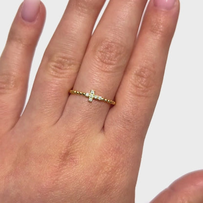 0.10CTW Natural Diamond 14K Gold Beaded Cross Cocktail Ring