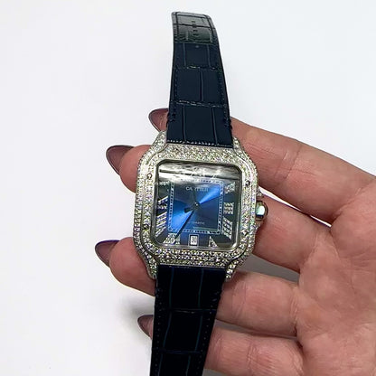 NEW 5TCW Natural Diamond Cartier Santos Large 40mm Pave Roman Blue Dial Men's Watch