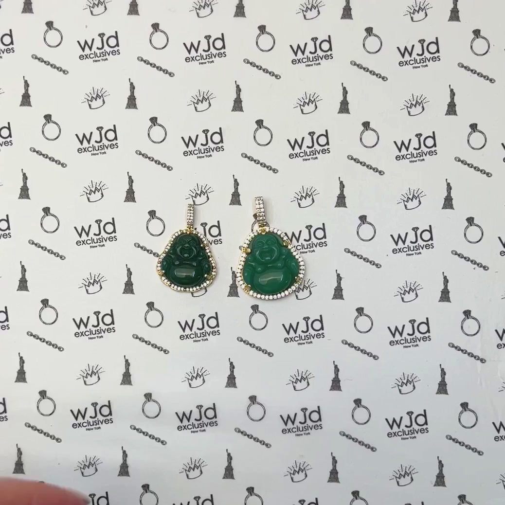 14K Gold CZ Frame Green Jade Fat Buddha Pendant 1.5"-1.8" — product video