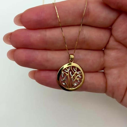 14K Gold Round Tree of Life Circle Pendant Box Chain 18"