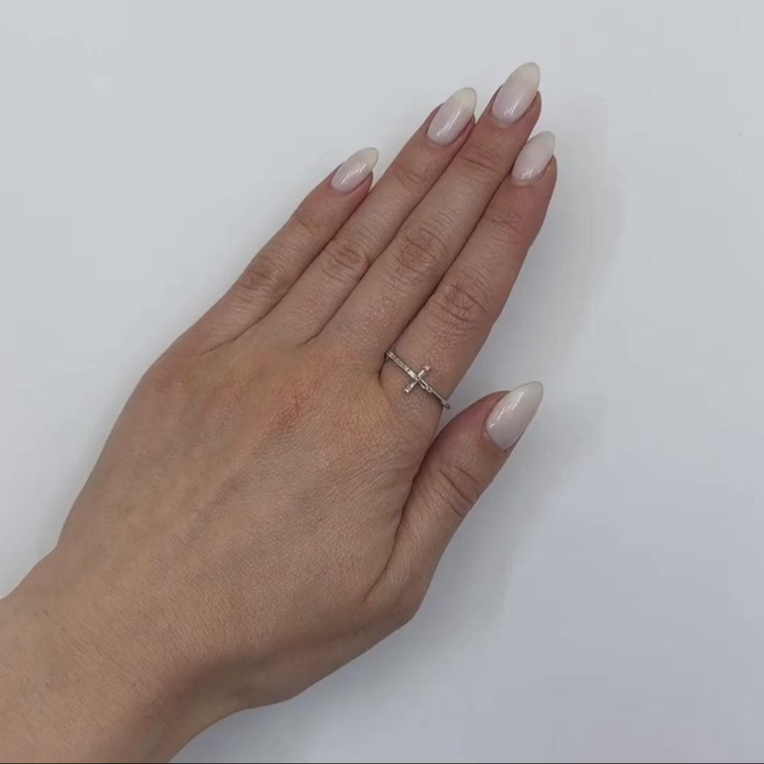 0.12CTW Natural Diamond 10K White Gold Round Baguette Sideways Cross Ring — product video